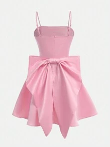 SHEIN Girlism Vestido casual de tirantes de satén tejido liso con gran lazo desmontable para niña adolescente - Rosado Sandía - Ver 2