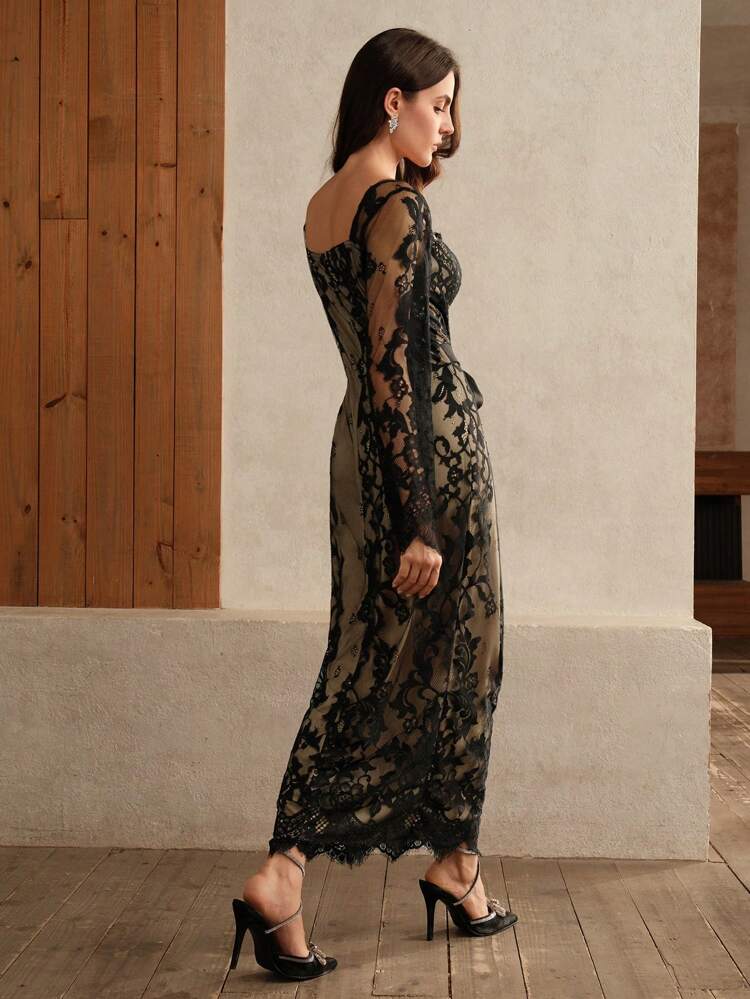 Elegant Lace Long Sleeve Bodycon Dress Maxi Embroidery Women Outfit
