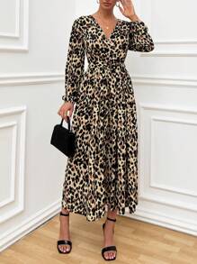 EURMUSE WHITE POLKADOT PRINT LANTERN SLEEVE BELTED LONG DRESS - Green - View 7