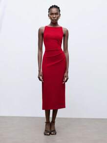 Maija 女士纯色侧开衩下摆无袖工作连衣裙 - 紅色 - 查看 6