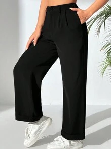 SHEIN VCAY Plus Size Solid Color Button-Front Casual Pants, Daily Wear - Black - View 3