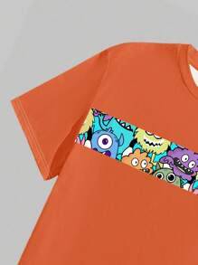 Manfinity Homme Men's Crew Neck Short Sleeve Simple Cartoon Graphic T-Shirt And Slant Pocket Shorts Casual Set - Orange - View 4