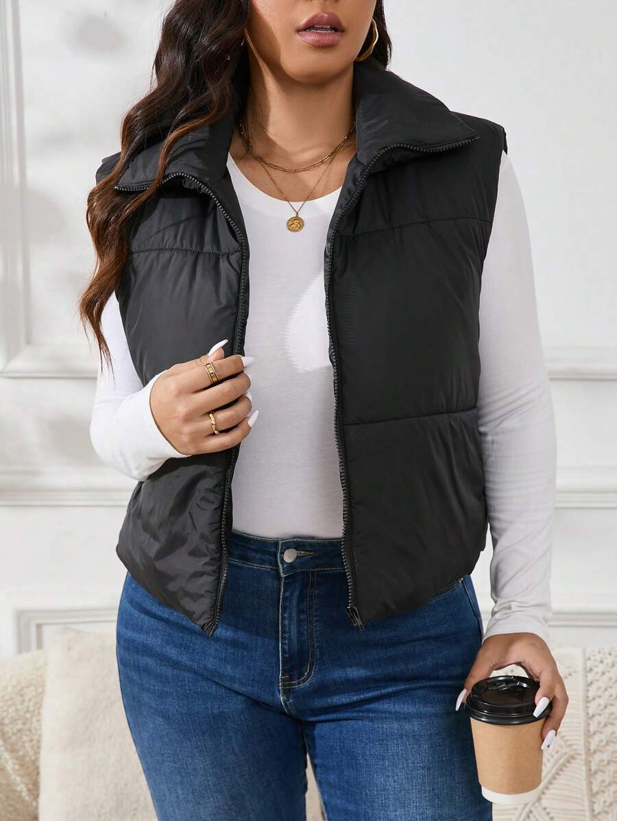 SHEIN Essnce Women's Plus Size Black Padded Coat With Lapel, For Winter Fall Autumn - Black - View 1