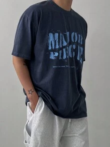 DAZY 男士夏季休闲标语印花短袖 T 恤返校 - 藏蓝色 - 查看 3