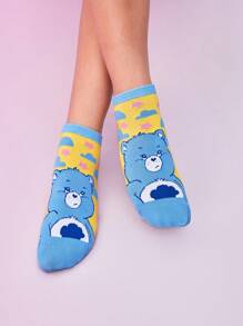 SHEIN X Care Bears 3 pares/Paquete de calcetines de tobillo para mujer con patrón de oso de dibujos animados y color contrastante, regalos