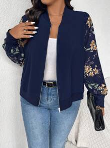 SHEIN Frenchy Chaqueta de béisbol con bloques de color e impresión floral para mujeres de talla grande, para primavera y otoño