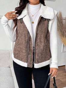 SHEIN Frenchy Plus Size Sleeveless Leather And Fur Lapel Jacket, Autumn/Winter