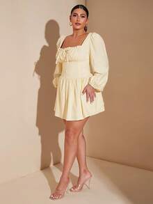 SHEIN BAE 大码女装辣妹甜美女孩长袖弹力编织后盖纯色甜美吊带夏日度假时尚街头约会短裙 - 黃色 - 查看 8