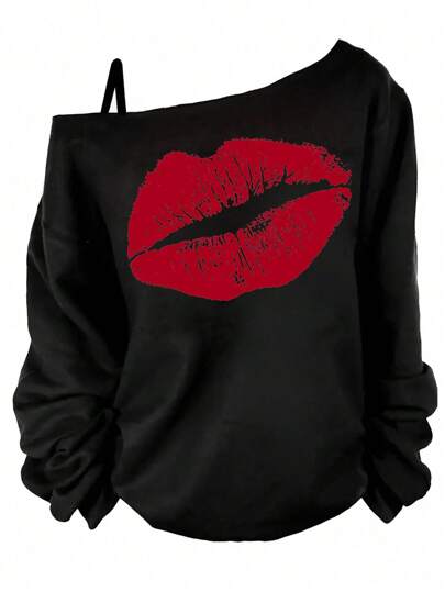 INAWLY Plus Size Women's Lips Printed Asymmetrical Shoulder Sweatshirt Graduation,Back To School,Teacher Pullover Fall