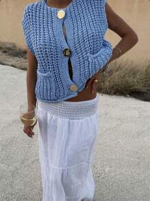 INAWLY Chaleco de punto casual de mujer con cuello en V, de una sola hilera de botones, bolsillos dobles y de metal para otoño/invierno