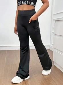 SHEIN Tween 女童纯色修身喇叭针织休闲裤 - 黑色 - 查看 4