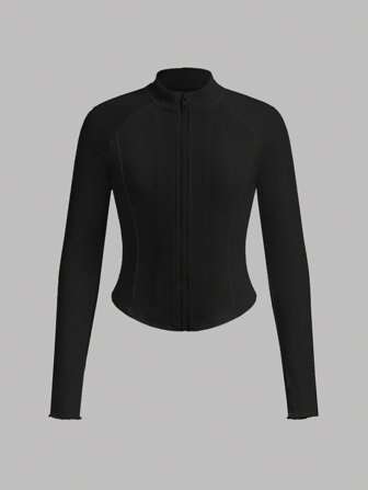 SHEIN Sparklyn Tween Girls White Fitted Cropped Zip-Up Jacket, Spring And Autumn