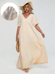 SHEIN LUNE 大碼素色荷葉邊娃娃裙 - 杏色 - 查看 1