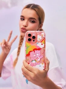 SHEIN X Care Bears 卡通熊与彩虹图案半透明粉色手机壳、礼物 - 西瓜粉 - 查看 3