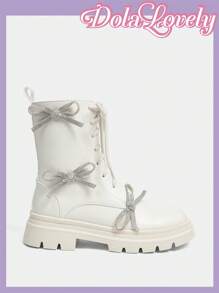 Dola Lovely Stivali alla caviglia donna eleganti e casual con punta tonda, beige, allacciati, con cerniera, decorati con strass e fiocco, in stile britannico classico con platform - Albicocca - Visualizzare 8