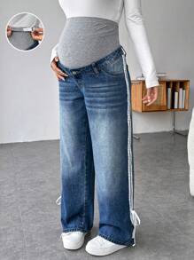 SHEIN Jeans droits décontractés amples pour femmes enceintes avec nœud à la taille