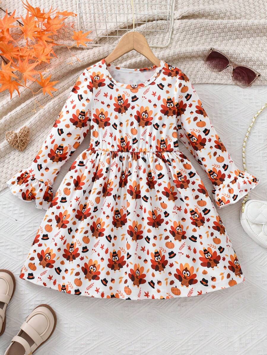 SHEIN Đầm chữ A họa tiết hoạt hình cổ tròn tay dài thời trang thường ngày cho bé gái, mùa xuân và mùa thu - trái cam - Xem 1