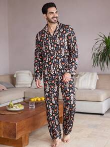 Manfinity ChillVibe 2pcs Men's Lapel Neck All-Over Print Long Sleeve Top And Pants Loungewear Set - Multicolor - View 9