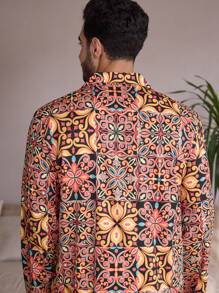 Manfinity ChillVibe Men's Lapel Neck All-Over Print Long Sleeve Top & Pants Casual Loungewear Set - Multicolor - View 6