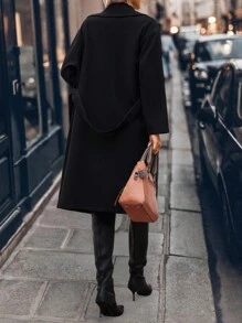 SHEIN Clasi 女士秋冬保暖翻领双排扣长款羊毛大衣 - 黑色 - 查看 2