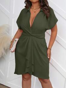 Franclia Vestido casual de mujer de talla grande con mangas de murciélago, cuello sólido y nudo en la cintura