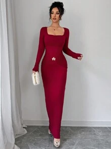 Firerie 女式勃艮第色方领花卉装饰金属环吊坠长袖长裙，长袖紧身连衣裙，初秋性感无袖低胸镂空连衣裙带金属纽扣装饰，适合约会、派对、度假、宴会、返校季的长裙。 - 酒紅色 - 查看 6