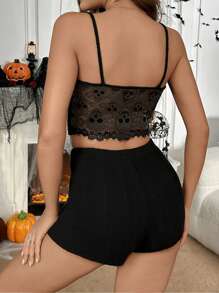 蕾丝骷髅印花万圣节女式睡衣套装