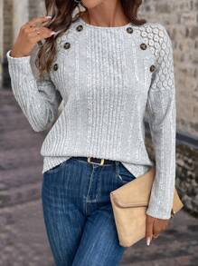 EMERY ROSE Women's Spring & Summer Contrast Lace Raglan Sleeve Button Decorated Casual Ribbed T-Shirt - Grey - View 3