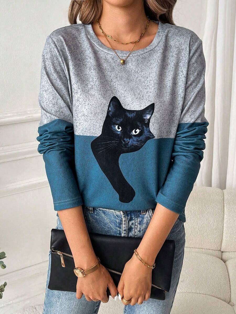 SHEIN LUNE Áo thun nữ cổ tròn dài tay in hình mèo đơn giản thường ngày - Nhiều màu - Xem 1