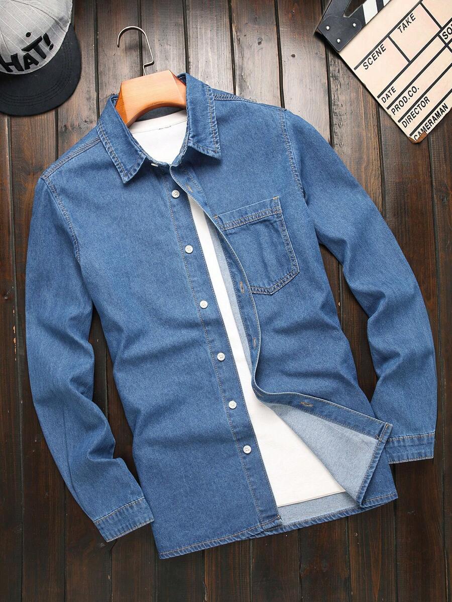 Manfinity Hypemode 男士春秋洗水牛仔休闲夹克 - 中等水洗藍 - 查看 1