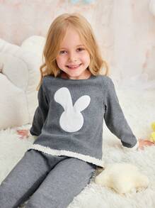 2pcs Young Girls Cute Rabbit Ear Hoodie & Pants Comfortable Homewear Set, Autumn Winter - Grey - View 5