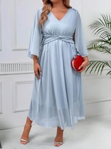 SHEIN Clasi Vestido simple con contraste de malla, cuello en V y fruncido, talla grande - Azul - Ver 7