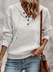 SHEIN LUNE 休閒實色紋理束繩帽衫 - 白色 - 查看 6