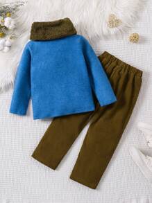 SHEIN 2pcs Young Girls Blue & Green Top And Mustard Brown Corduroy Pants Set, Spring & Fall Casual & Comfortable Outfit