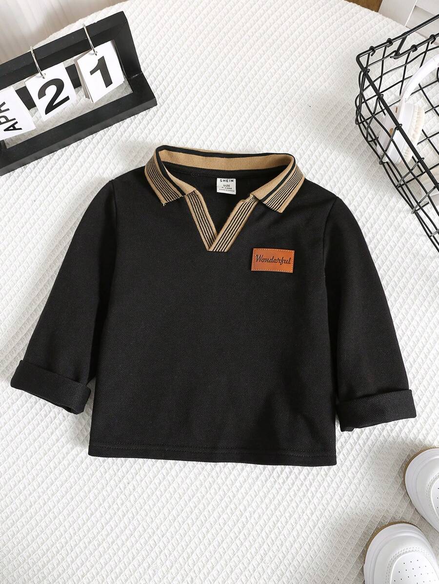 SHEIN 男婴拼色 V 领 Polo 衫,长袖,秋冬 - 彩色 - 查看 1