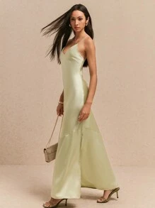 Poéselle Women's Camisole Solid Color Side Slit Hem Dress, Summer Fall Dress, Wedding Event Dress, Prom Party Dress, Homecoming Dress, Green Satin Patchwork Dress, Elegant Effortless Chic 24 FW