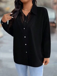 SHEIN LUNE Plus Size Women Black Elegant Lace Collar Long Sleeve Shirt ...