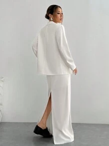 Flirla 1 conjunto: Chaqueta blazer de manga larga con cuello con muesca y botones delanteros de unicolor y falda mini