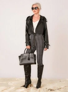 SHEIN LUNE Women's Fashionable Cropped Motorcycle Jacket, Autumn - Black - View 6