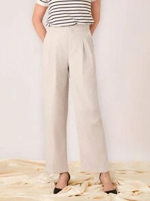 SHEIN LUNE Women Casual Solid Straight Leg Pants - Beige - View 5