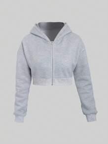 SHEIN Unity Women Solid Color Dropped Shoulder Long Sleeve Zip Up Hooded Casual Sweatshirt, Spring And Autumn Blank Hoodie,Long Sleeve Tops Graduation,Back To School,Graduation,Teacher,Back To School Pullover Fall - Light Grey - View 3