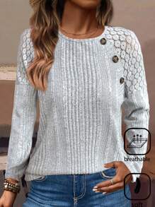 EMERY ROSE Women's Spring & Summer Contrast Lace Raglan Sleeve Button Decorated Casual Ribbed T-Shirt - Grey - View 1