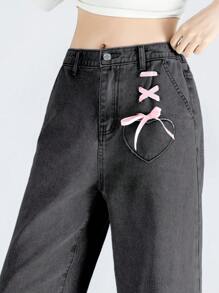 SHEIN Explorewe Teen Girls Cute  Style Pink Ribbon Detail Heart Pocket Wide Leg Denim Pants - Black - View 6