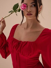 Allurite 纹理面料仿鱼骨优雅长袖红色连衣裙，适合约会和休闲穿着