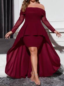 Coutiva Đầm dự tiệc tay dài trễ vai màu đỏ tía cỡ lớn, Đầm dự tiệc cho khách dự tiệc cưới Giáng sinh, Đầm dạ hội - Màu Đỏ Sâu - Xem 6