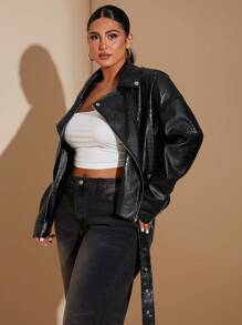 SHEIN BAE Plus Size Black Stone Faux Leather Pu Moto Jacket - Black - View 4