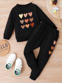SHEIN Young Girl Heart Print Pullover & Sweatpants - Black - View 1