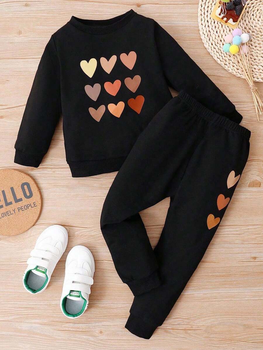 SHEIN Young Girl Heart Print Pullover & Sweatpants - Black - View 1