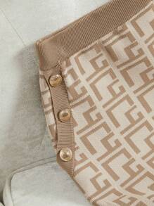 Feyla Bộ 2 món áo len dệt kim tay ngắn họa tiết hình học mùa hè trang trí nút kim loại và chân váy dệt kim mix thường ngày cho nữ - Màu Khaki - Xem 5