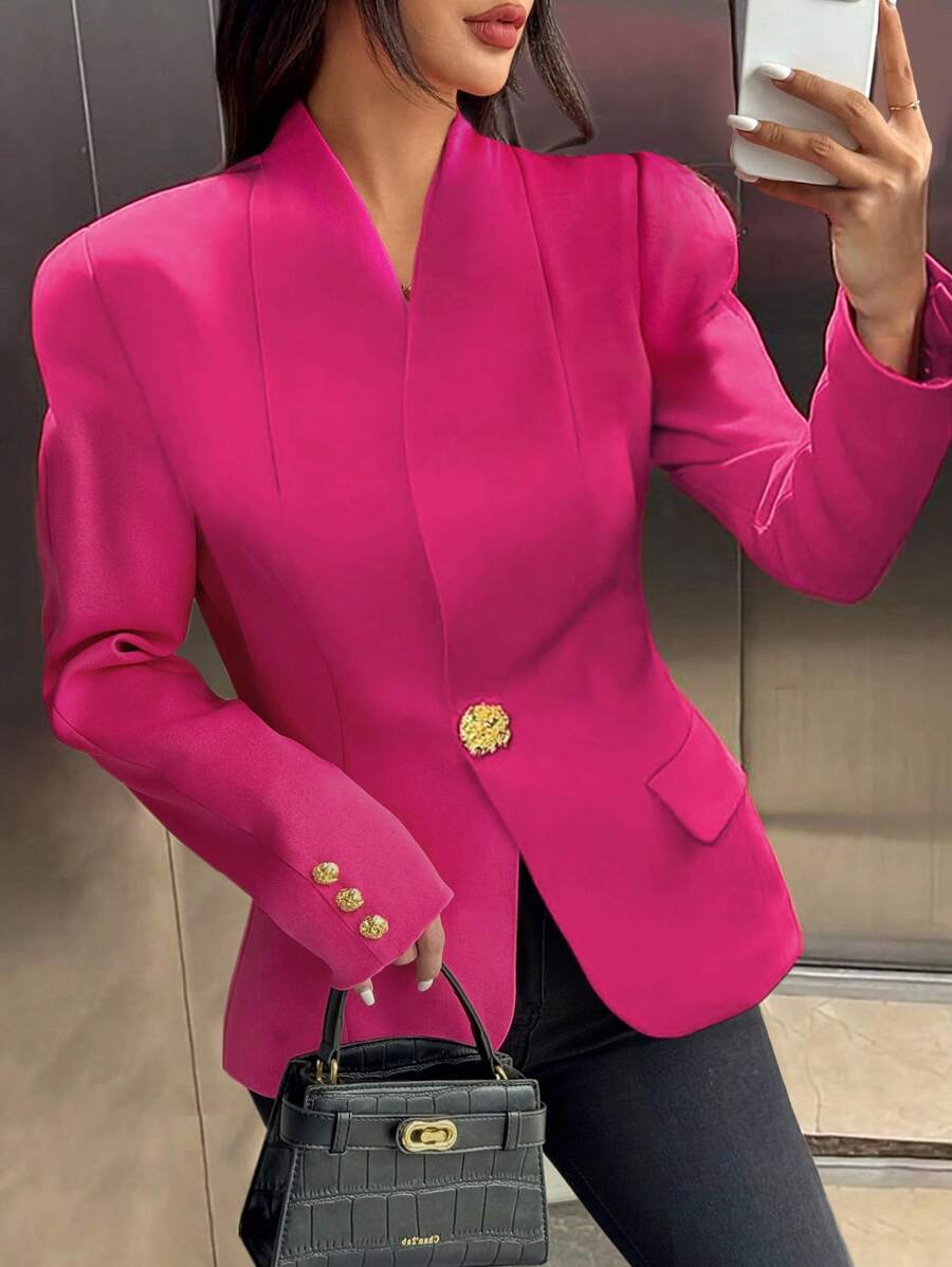 SHEIN Clasi 實心單釦長袖西裝外套 - 玫紅色 - 查看 1